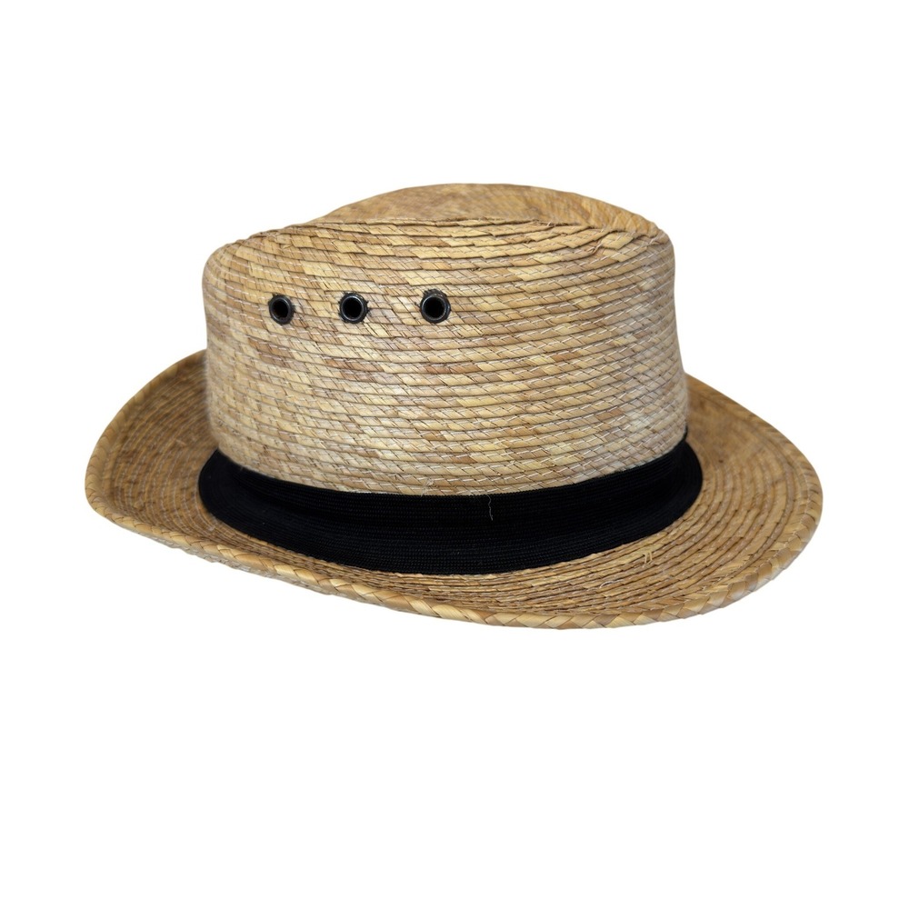 Mens Natural Straw Fedora Hat Summer Sun Beach Panama Style Woven Tan Black Band
